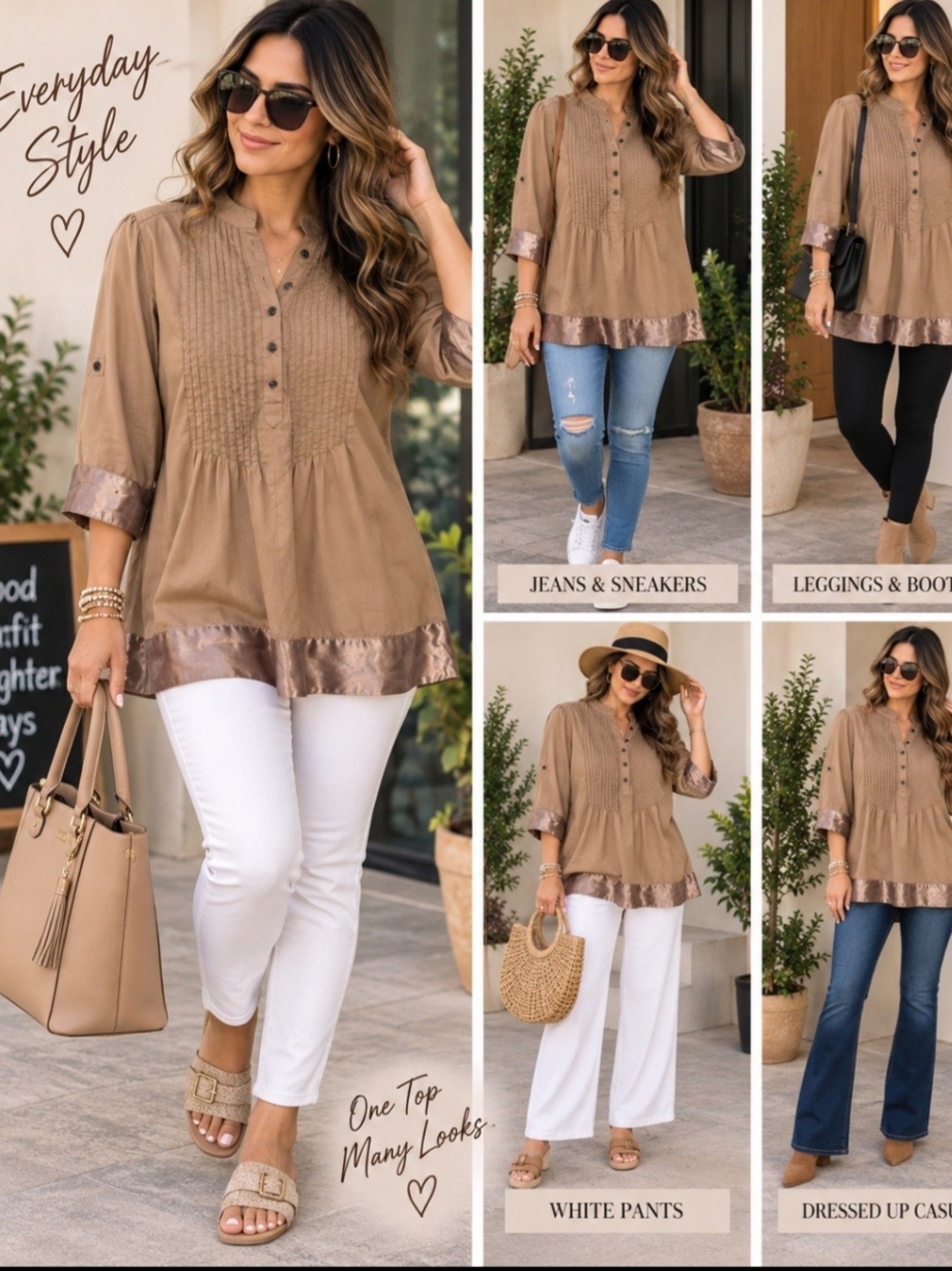 *Denim 24/7 Taupe Pintuck Tunic with Satin Trim Pit 28 Length 31